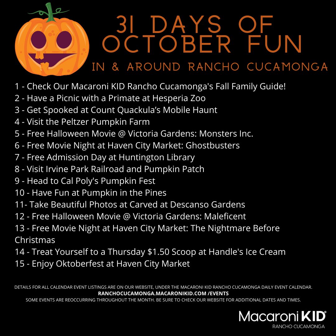 MacKidCucamonga's tweet photo. Enjoy our FREE 31 Days of October Fun printable calendar! This calendar highlights a ton of fun events you won’t want to miss this month. 

🎃🍭🍂 👉🏼 https://t.co/VfQqscSXpD https://t.co/w1sh4mZRuZ