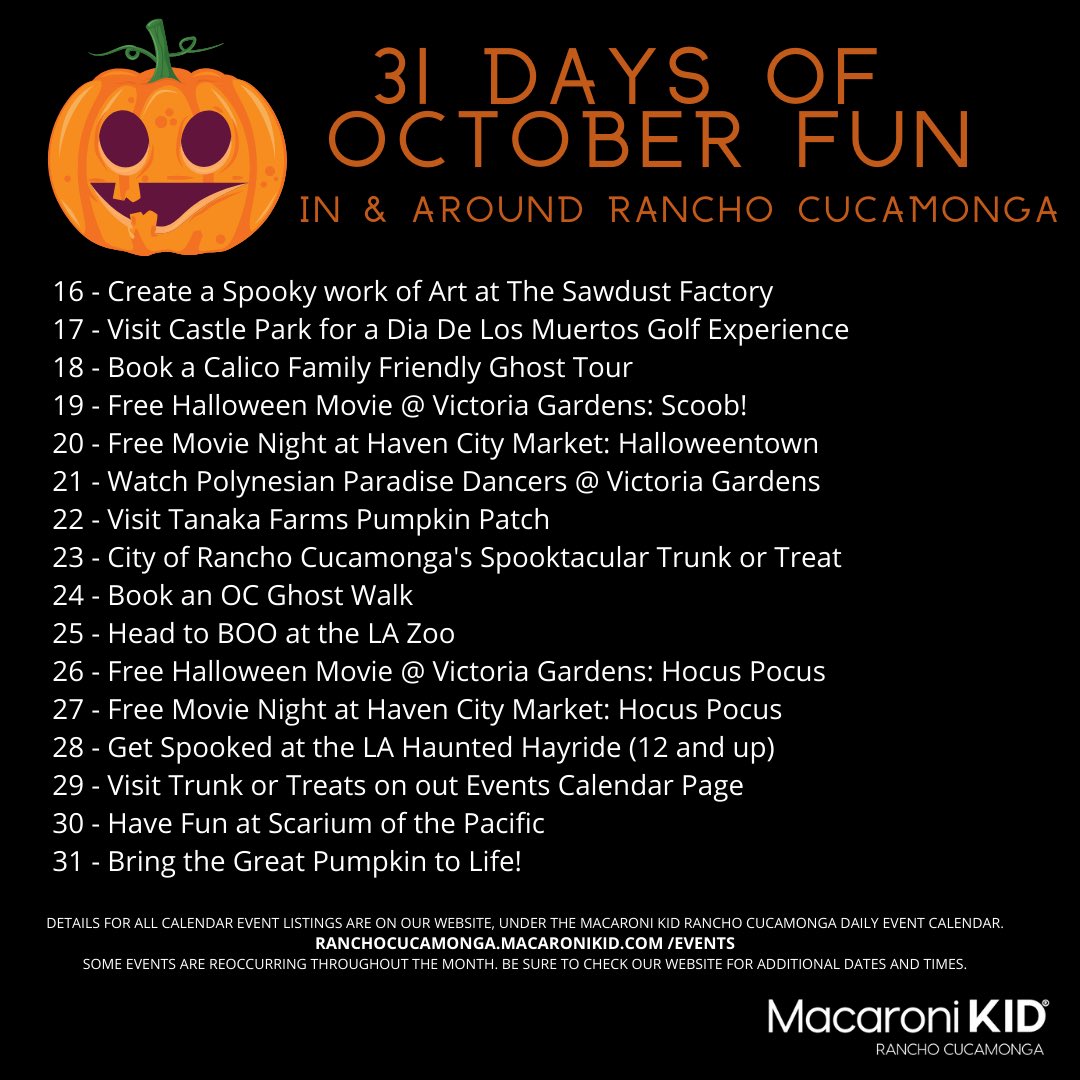 MacKidCucamonga's tweet photo. Enjoy our FREE 31 Days of October Fun printable calendar! This calendar highlights a ton of fun events you won’t want to miss this month. 

🎃🍭🍂 👉🏼 https://t.co/VfQqscSXpD https://t.co/w1sh4mZRuZ