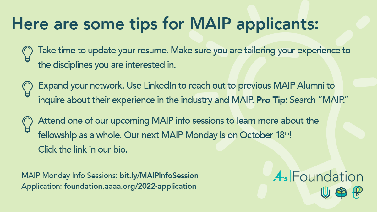 MAIP's tweet photo. We're in week 3 of the MAIP 2022 student application, so here are a few helpful tips to help applicants along the way! https://t.co/ig8QRCn0Rh
NOTE: No #MAIPMonday next week. Tune in again on 10/18 https://t.co/tqyJ9GIMcC