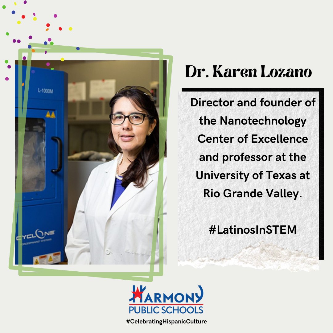 HarmonyEdu's tweet image. This week’s #LatinosInSTEM profile, we introduce Dr. Karen Lozano! She's the 1st Mexican woman to earn a doctorate in Science and Engineering from Rice, and 5th among women to earn a doctorate from Rice in Mechanical Engineering &amp;amp; Material Sciences.

#CelebratingHispanicCulture