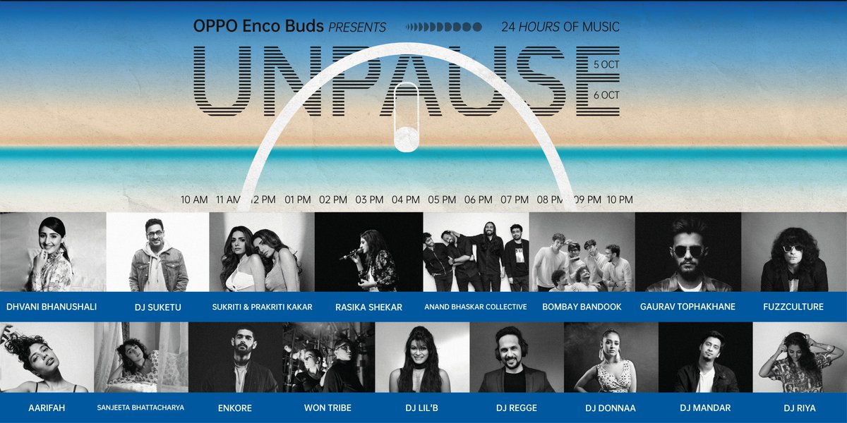 OPPOIndia's tweet photo. Presenting to you the exceptional artist line-up for the #Unpause 24 hours of Music by #OPPOEncoBuds. Experience music for continuous 24-Hours like never before. Stay tuned &amp; click on https://t.co/Ntuqz6I9YB for more details.
#BestInClassEarbuds #24HoursofMusic https://t.co/rqHOIJxQ4Y