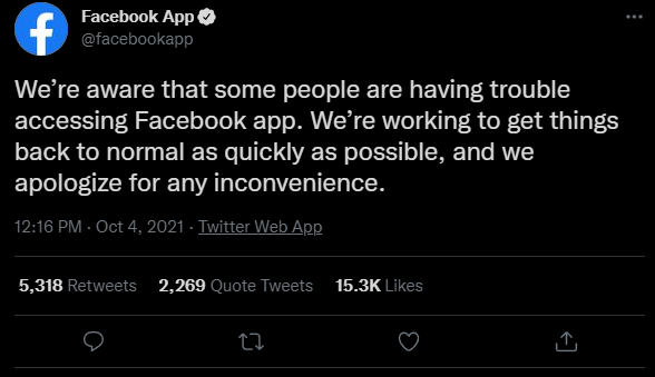 rpmcomputers's tweet photo. Facebook, WhatsApp, and Instagram all currently down, the irony is Facebook needing to rely on Twitter to get information out. https://t.co/uVRAqI32J7