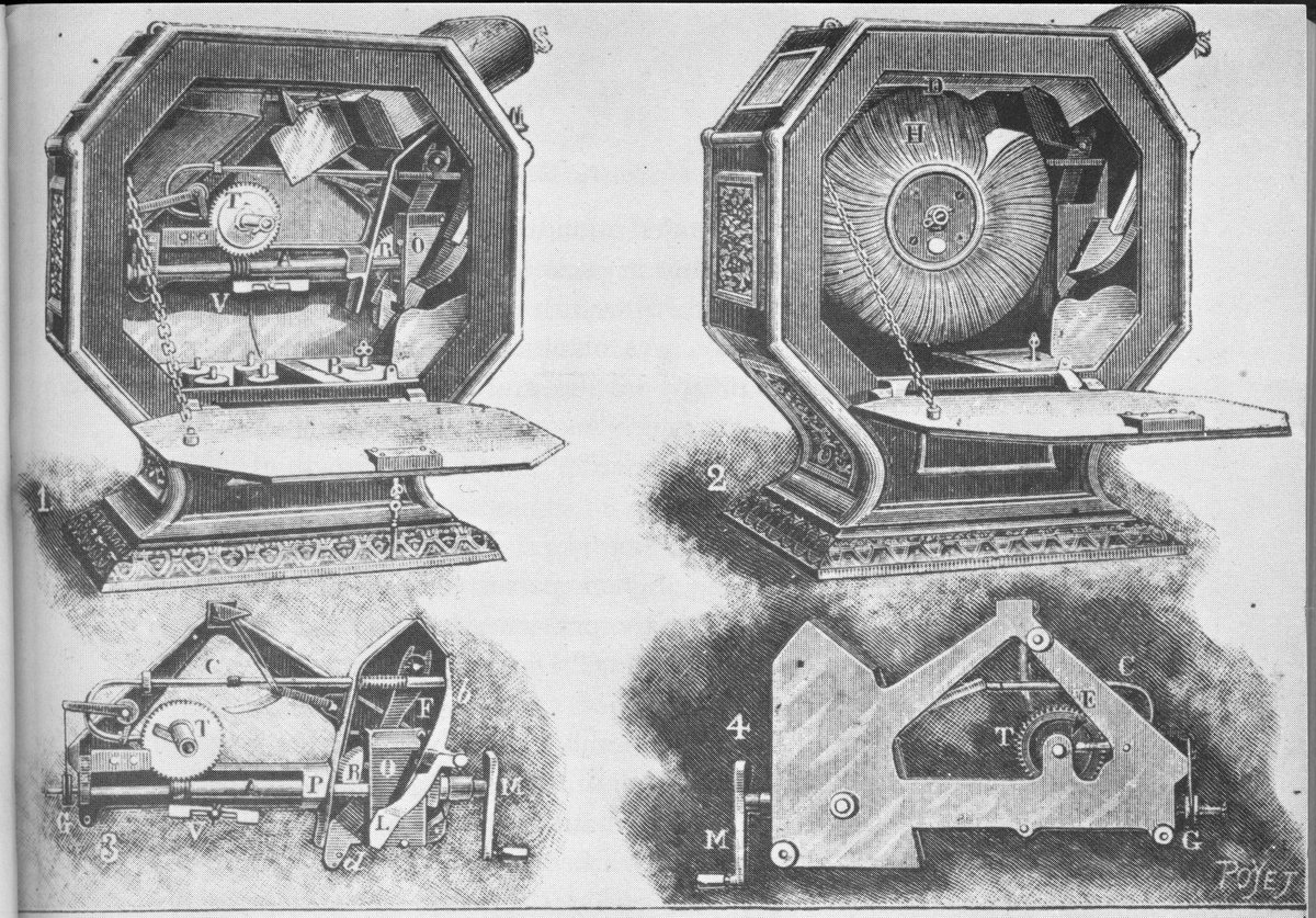 RealPreCinema's tweet photo. The 68/70mm #Mutograph camera was originally employed by AMBC for use on flip cards in their hand-cranked #Mutoscope which competed with the #Edison #Kinetoscope machine. Pictured: left-illustration of the Mutoscope inner works, right-a Mutoscope showing the same illustration. https://t.co/O8QMagZHN8