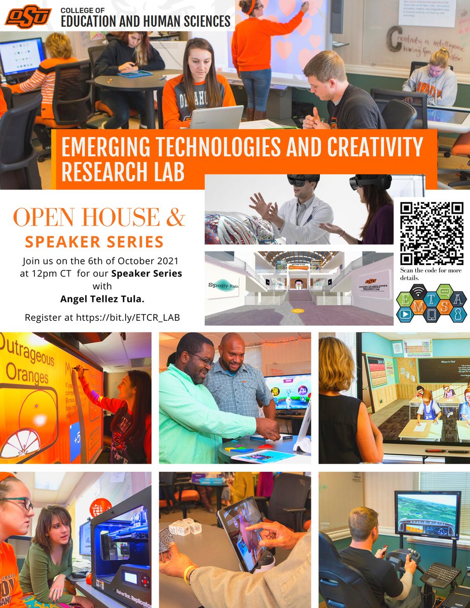 OkStateEMTSA's tweet photo. Join us for the Emerging Technology and Creativity  Research Lab Open House &amp; Speaker Series on Wednesday, 6th October, 2021 @ 12pm CT, Willard Hall #326. Register at https://t.co/VFoalB3a0S https://t.co/bxrpcY4ej9