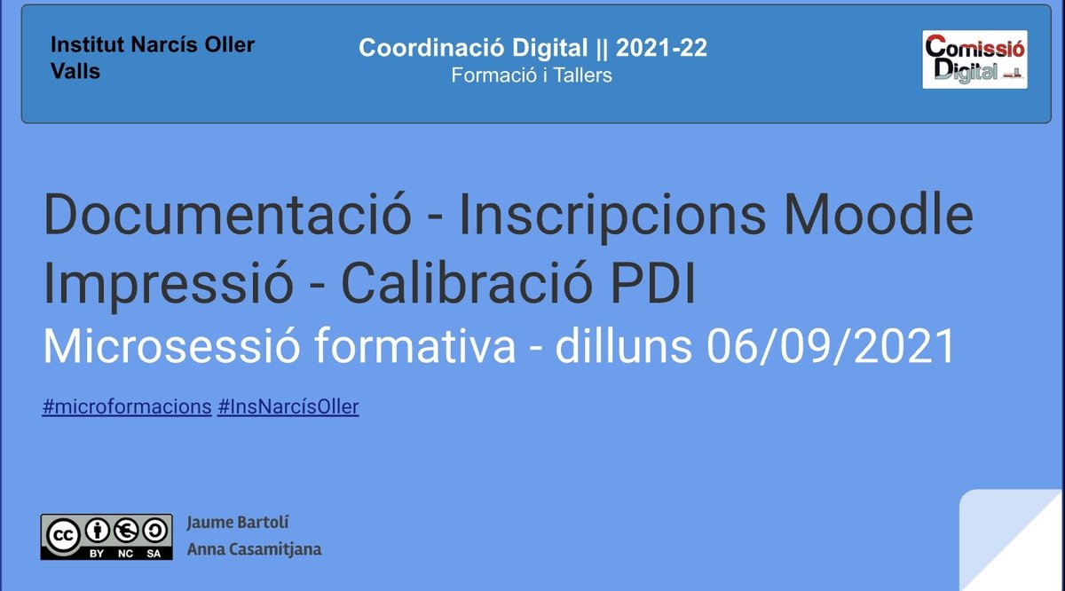 ComissioDigital's tweet photo. L'#EstratègiaDigitalCentre contempla la #formaciódigital del #professorat #CDD. A l'#InsNarcísOller aquest curs fem #microformacions (sessions telemàtiques d'1h): Docs, #acollidadigital, inscripció als cursos de #moodle, calibració pdi, impressores (6/9/21) ⬇️ #PlaEducacióDigital https://t.co/dPCH5LXw0t
