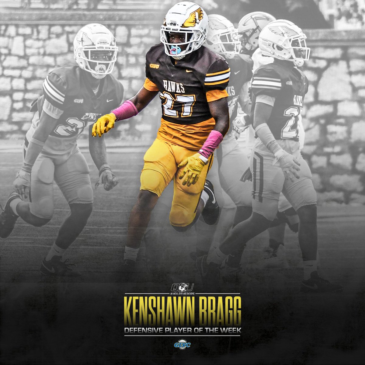 QUHawks's tweet photo. ✅ TFL
✅ 3 tackle assists
✅ 5 solo tackles
✅ Go-ahead pick-six
✅ W

Kenshawn Bragg is this week’s @GLVCsports Defensive Player of the Week

#HoldTheRope https://t.co/u8gnqV1sJn