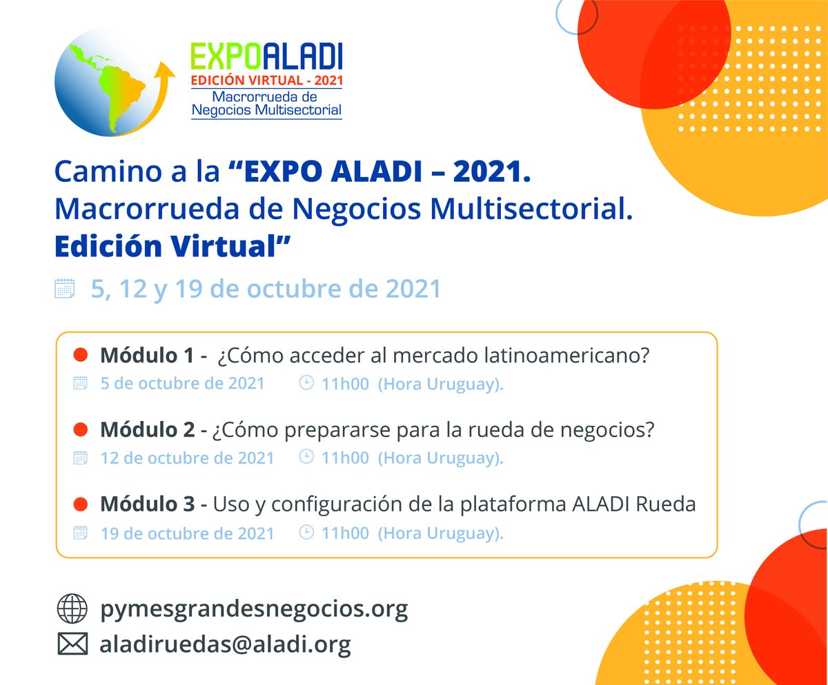 Mañana comienza el primer módulo preparatorio para la Macrorrueda de Negocios.

EXPO ALADI 2021 | Macrorrueda de Negocios Multisectorial | Edición Virtual; es la cuarta rueda de negocios del año.

Regístrate 🔗 pymesgrandesnegocios.org/centro-de-nego…