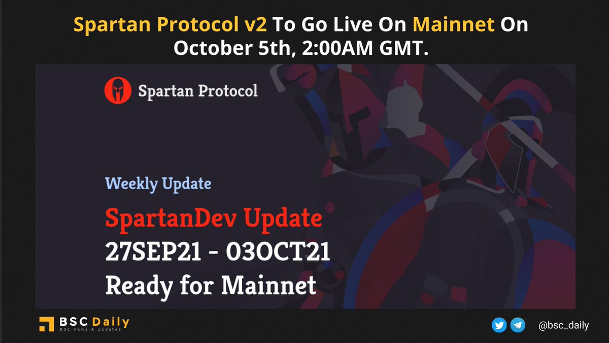 bsc_daily's tweet image. It's Mainnet time! @SpartanProtocol V2 is ready to take off✈️

This version will go live on October 5th at 2:00AM (GMT), followed by a to-do list for further deployment. A detailed report will be delivered at launch, stay tuned!

👉blog.spartanprotocol.org/spartandev-26s…

#BSC #BNB $SPARTA #DeFi