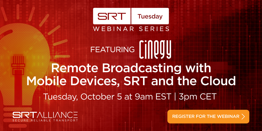 Register now for our upcoming webinar with <a href="/cinegy/">Cinegy Munich</a> and learn how #SRT is helping build remote broadcast workflows with mobile devices and the cloud:  bit.ly/3kXnJBy
