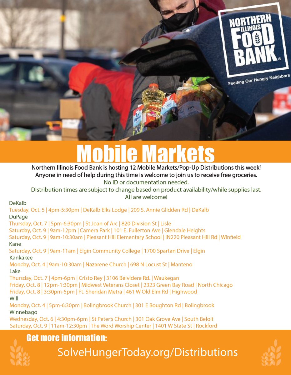 ThompsonD303's tweet photo. 🍎 The Northern Illinois Food Bank is hosting 12 Mobile Markets/Pop-up Distributions this week! Anyone in need of help during this time is welcome to attend to receive free groceries (no ID or documentation needed). Click on the images to see the date/location. https://t.co/JMKmocmEwI