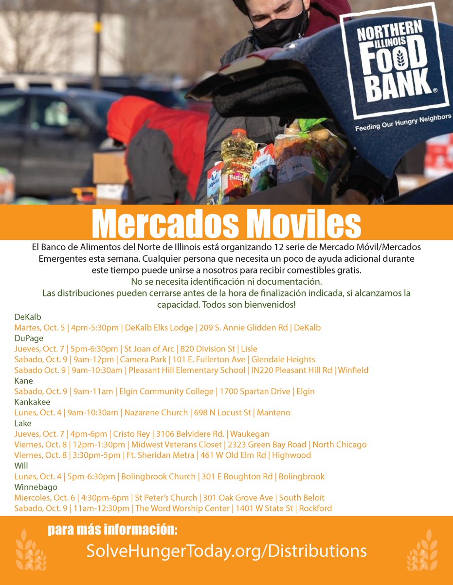 🍎 The Northern Illinois Food Bank is hosting 12 Mobile Markets/Pop-up Distributions this week! Anyone in need of help during this time is welcome to attend to receive free groceries (no ID or documentation needed). Click on the images to see the date/location.