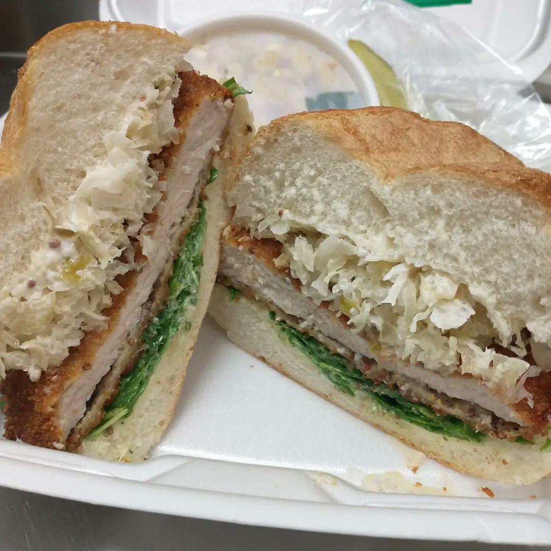 Stuffed_Grills's tweet photo. In honor of the Oktoberfest season, the special this week is a Schnitzel sandwich.  Thinly pounded fried pork cutlet, sauerkraut, arugula dressed with lemon vinaigrette, and horseradish mustard sauce on a fresh molete roll

#GetSomeStuffed #supportlocal #whatsforlunch #cheesecake https://t.co/BkR1HE1QY2