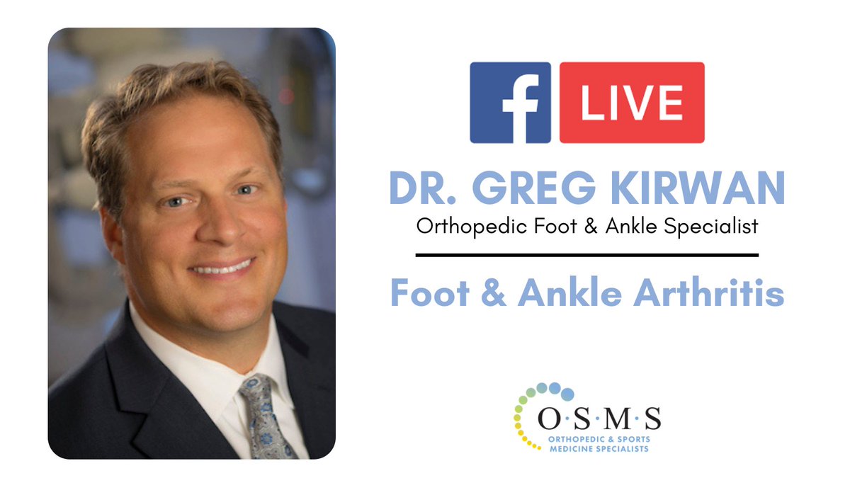 Join OSMS orthopedic foot and ankle specialist Dr. Greg Kirwan for a live discussion about foot and ankle arthritis on Facebook Live Tuesday, October 12 at Noon. Learn more: fb.me/e/17iqaMCpw  #footarthritis #anklearthritis