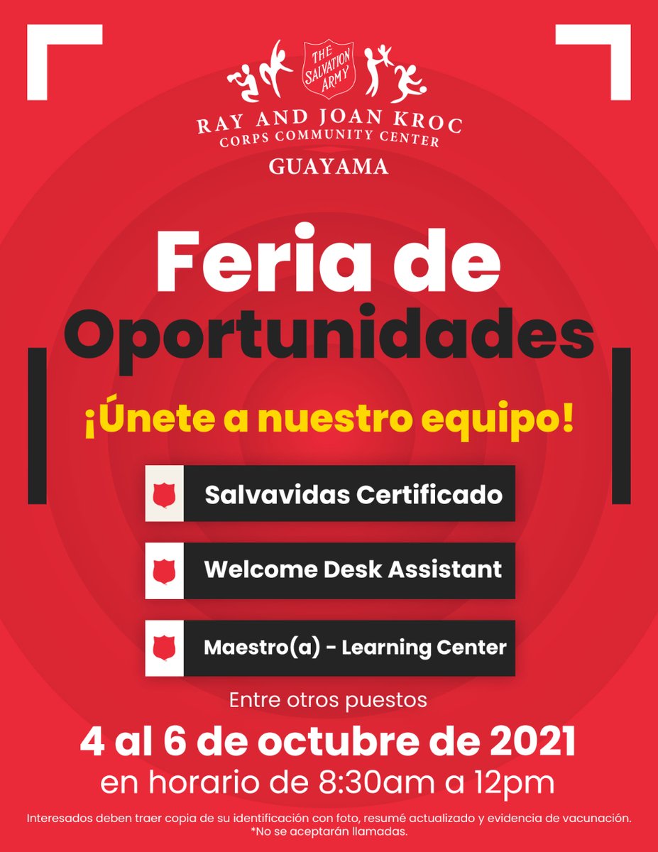 KrocGuayama's tweet photo. ¡Únete a nuestro equipo!💥 Comenzamos hoy con nuestra Feria de Oportunidades. Tenemos múltiples oportunidades de empleo para ti. Interesados deben pasar por el Kroc Center en horario de 8:30am.
*No se aceptarán llamadas. https://t.co/moebD4Xw2i