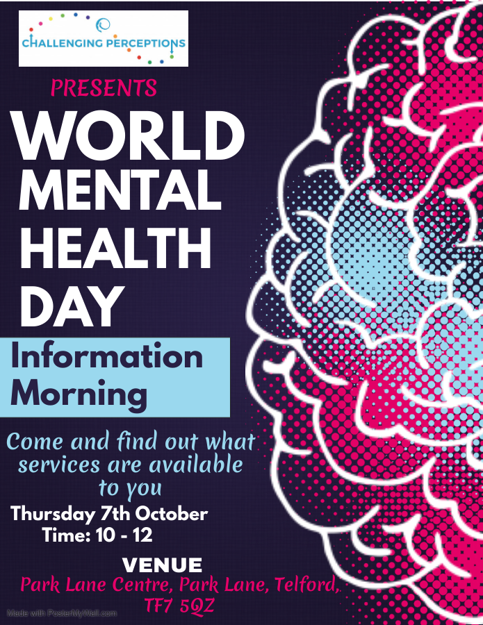 World Mental Health Day Information Morning 

This will be held 07/20/2021 at <a href="/parklanecentre/">Park Lane Centre</a>, Park Lane, Telford TF7 5QZ from 10AM to 12PM.
