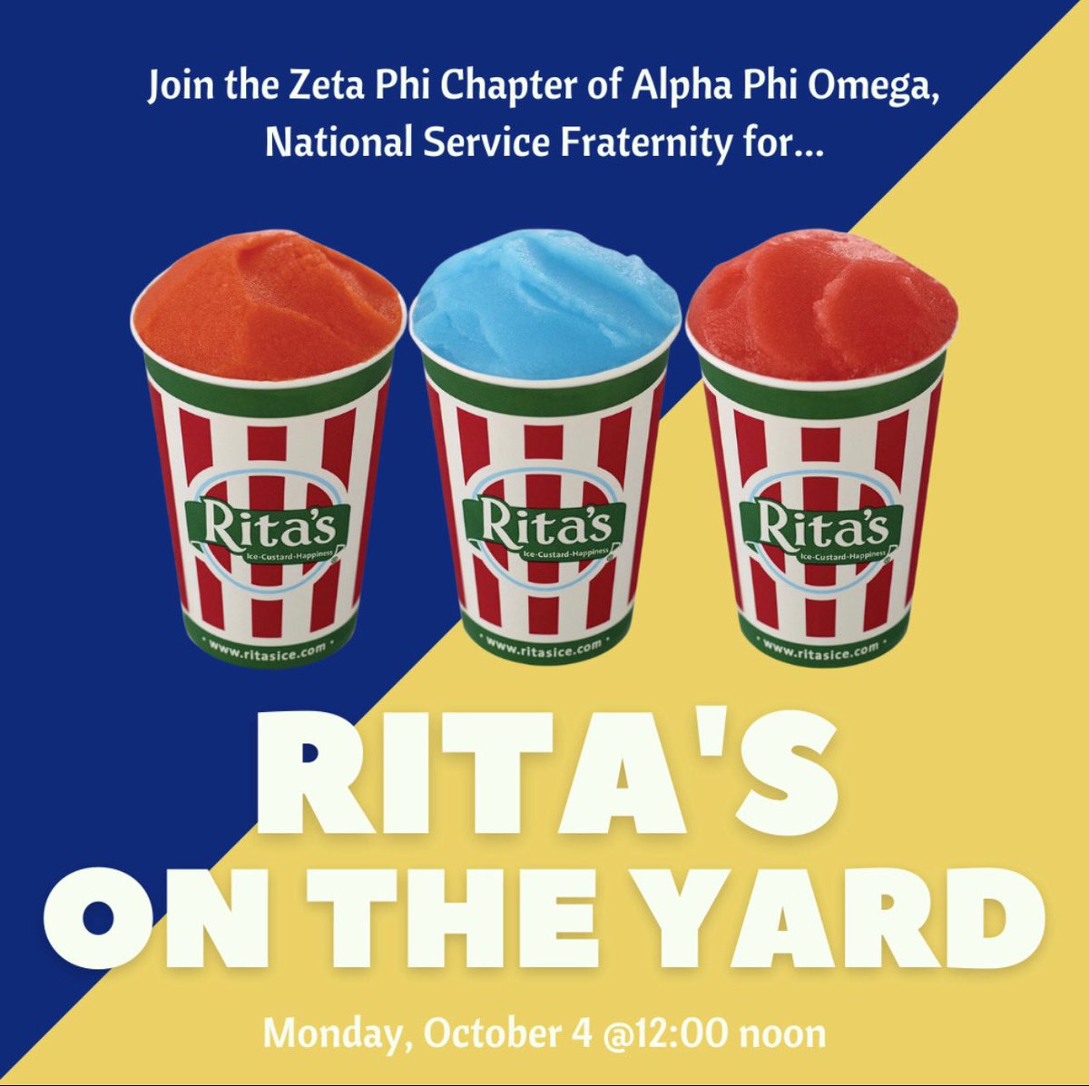 Get your opportunity to grab Rita’s Italian Ice for the last time this year TODAY <a href="/12/">$</a>:00pm on the Yard! Meet some brothers of the Zeta Phi Chapter while enjoying a sweet treat. See you then!