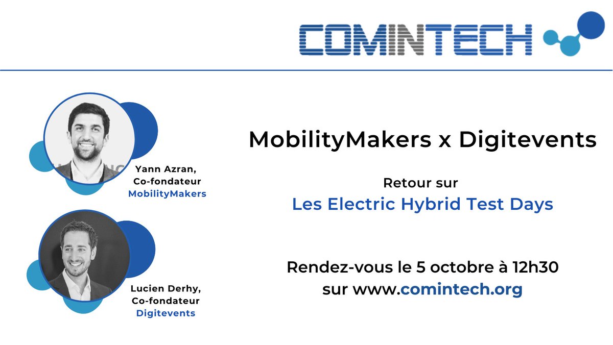 Les ComInTech live are back pour décrypter l'organisation des Electric Hybrid Test Days avec <a href="/digitevent/">Digitevent</a> <a href="/mobilitymakers/">Mobility Makers</a> <a href="/juliencarlier/">Julien CARLIER</a> rdv le 5 oct à 12h30 comintech.org/evenements/ele…  #eventsprofs #eventtech