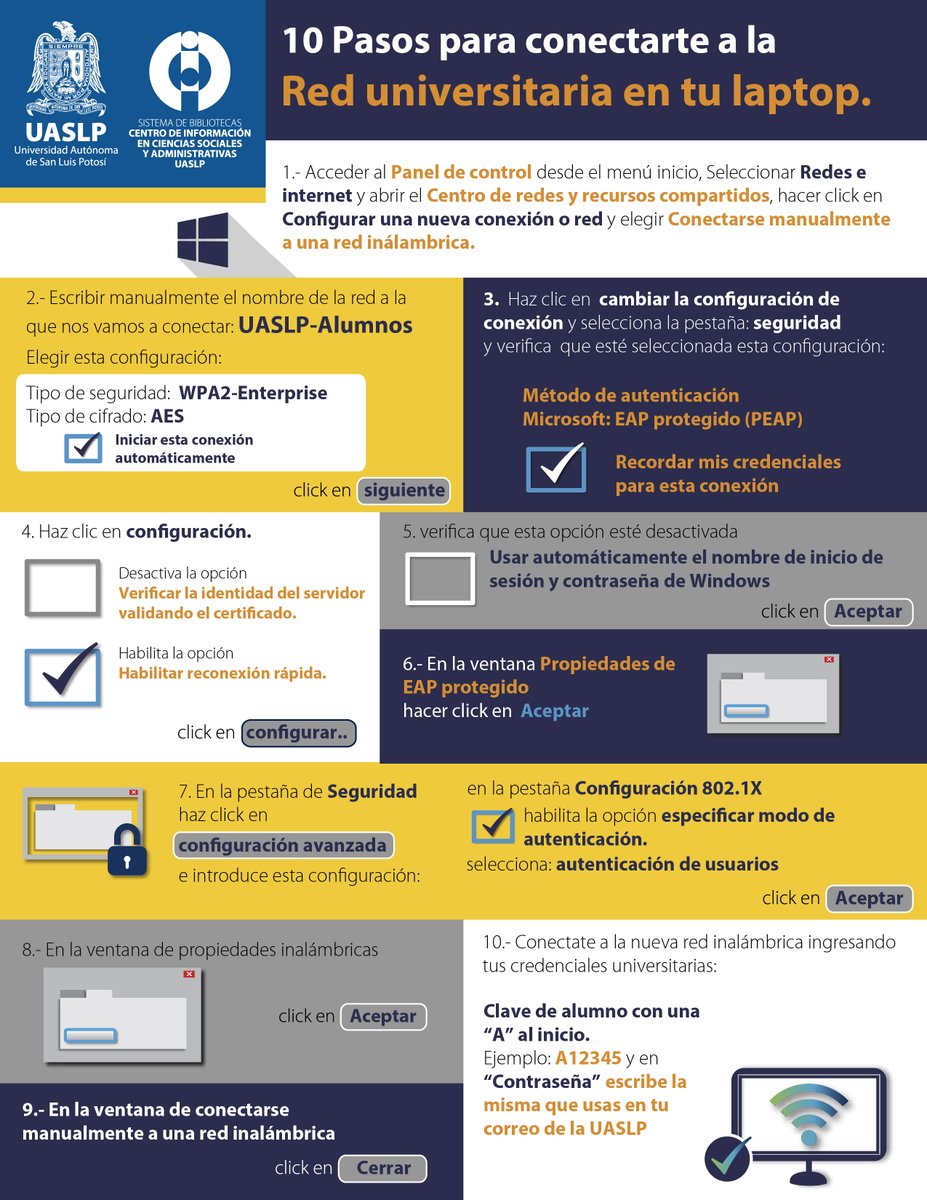 UASLP_CICSA's tweet photo. 💻 CONECTA TU LAPTOP A LA RED DE LA #UASLP 🦅

⚠️ Si no puedes configurar el internet en tu computadora, sigue esta guía y no te quedes sin conexión. 

#UASLP #wifi #TipsDeBiblioteca #UASLPFCA #UASLPDERECHO
#TIPSDEBIBLIOTECA https://t.co/qgI4q7ahMr