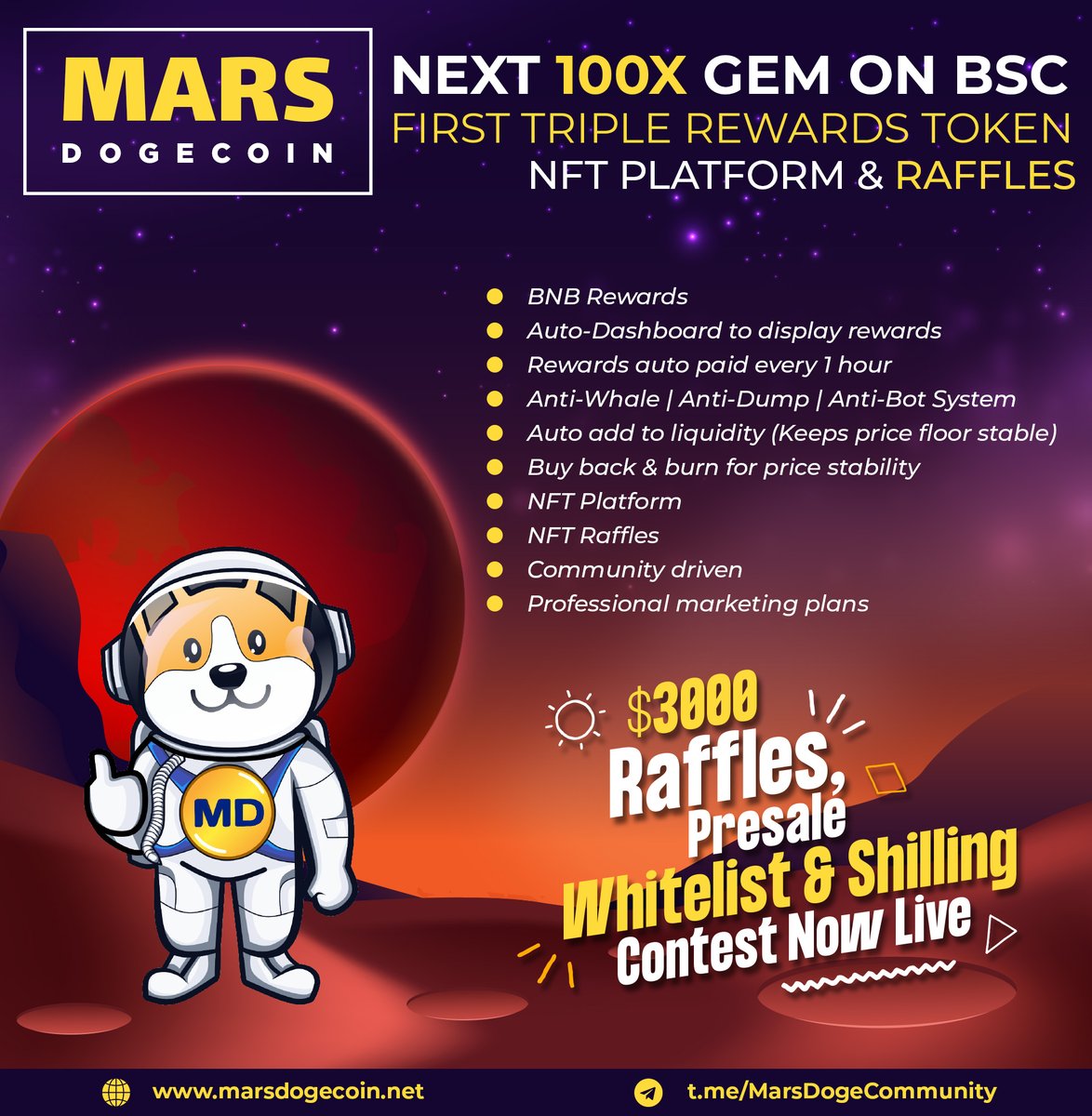 🚨Mars DogeCoin $MDC next 100X BSC Gem. Best Rewards Token on BSC. First Triple Rewards System Ever. BNB, USDT and MDC at the same time.🔥🔥🔥Our Presale Whitelist, 3000$ Raffles &amp; Shilling Contest is now live🔥🔥🔥

sweepwidget.com/view/34338-hw9…

#BSCGems #presale #dxsale #dogecoin