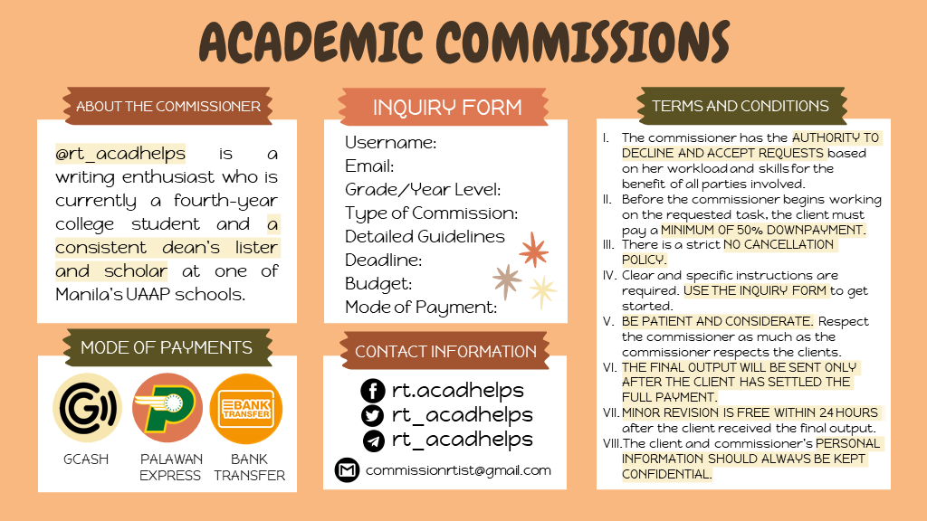 rt_acadhelps's tweet photo. Greetings! ♡ I am open to academic commissions. All works are meticulously done with care, consistency, and precision. Thus, if you need help, send me a direct message. ♡

Also, use these hashtags to get around...
#ProofsbyRTComms (Feedback)
#StriveWithRT (Progress Tracker) https://t.co/PWNAgHscgG