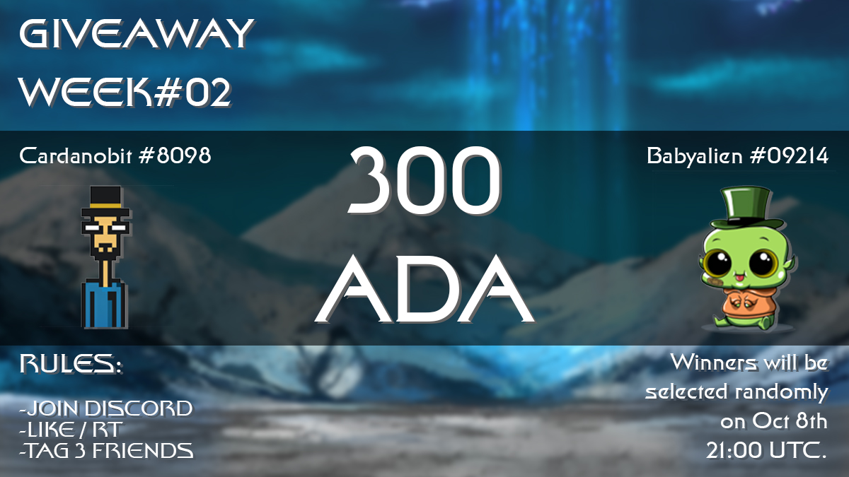 Project_Emphyr's tweet photo. Giveaway of the Week #02
This time, we are giving 3 prizes:
1) 300 ADA;
2) Babyalien #09214;
3) Cardanobit #8098.

Rules:

1) Join our Discord: https://t.co/wqP41TwTew;
2) Like and Retweet;
3) Tag 3 friends;

Winners will be selected randomly on Oct 8th 21:00 UTC. 
Good Luck! https://t.co/95nw5pxUWm