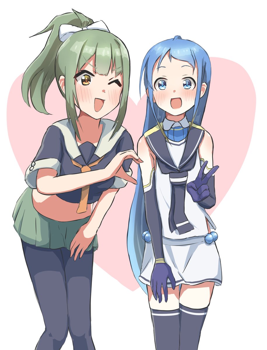 samidare (kancolle) ,yuubari (kancolle) multiple girls 2girls long hair blue hair ponytail sailor collar blue eyes  illustration images