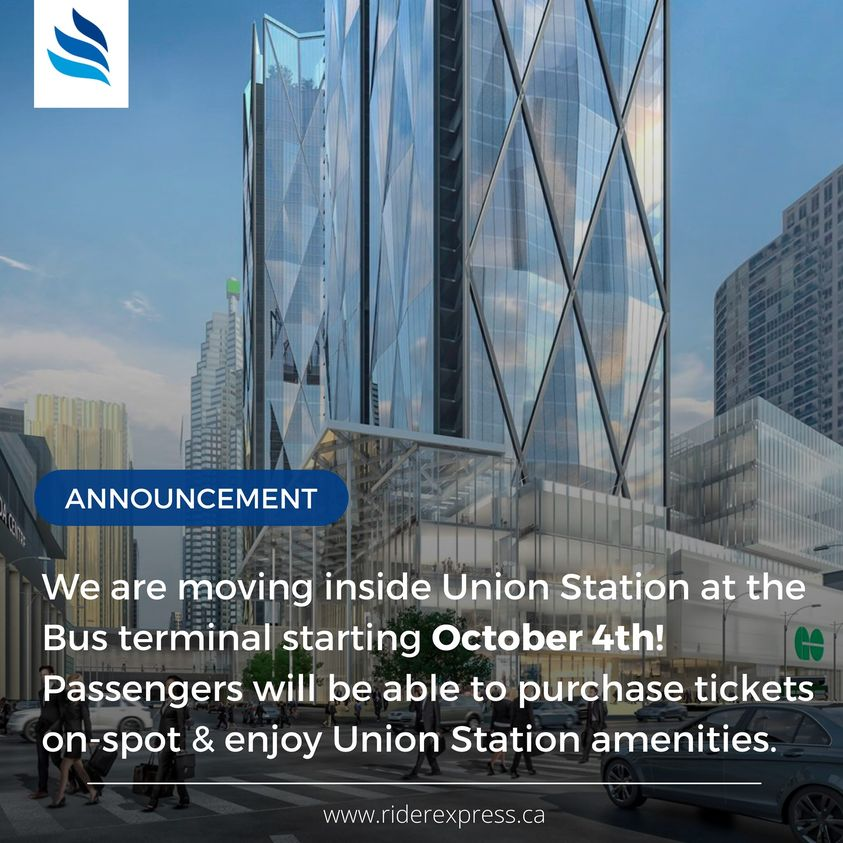 TransportAction's tweet photo. Update from RiderExpress - starting today, their Ontario motorcoach services will use the Union Station Bus Terminal in Toronto. https://t.co/FuyeEb83ym