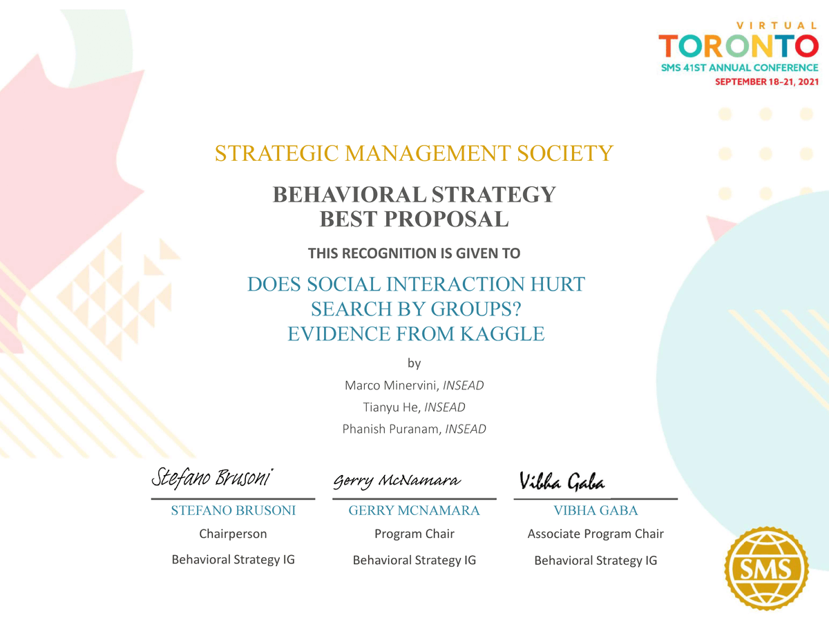 ms_minervini's tweet image. I am pretty bad at self-promotion, but I guess it’s about time to do this. I am proud to share that our paper won the Behavioral Strategy Best Proposal Award at #SMS2021. Thanks to my amazing coauthors @he_tianyu and the (twitterless) Phanish Puranam!