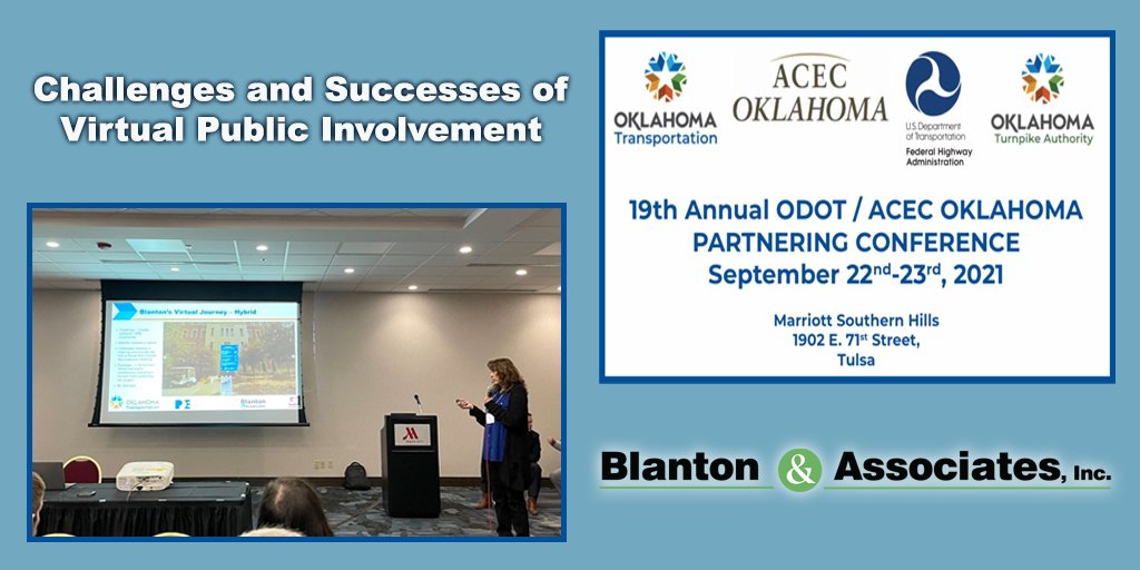 blantonassoc's tweet photo. Blanton had a great time at the 19th Annual ODOT/ACEC Oklahoma Partnering Conference in Tulsa at the end of September. Our own Kim Johnson discussed the Challenges and Successes of Virtual Public Involvement strategy and practice. https://t.co/HCJvpBqXuV