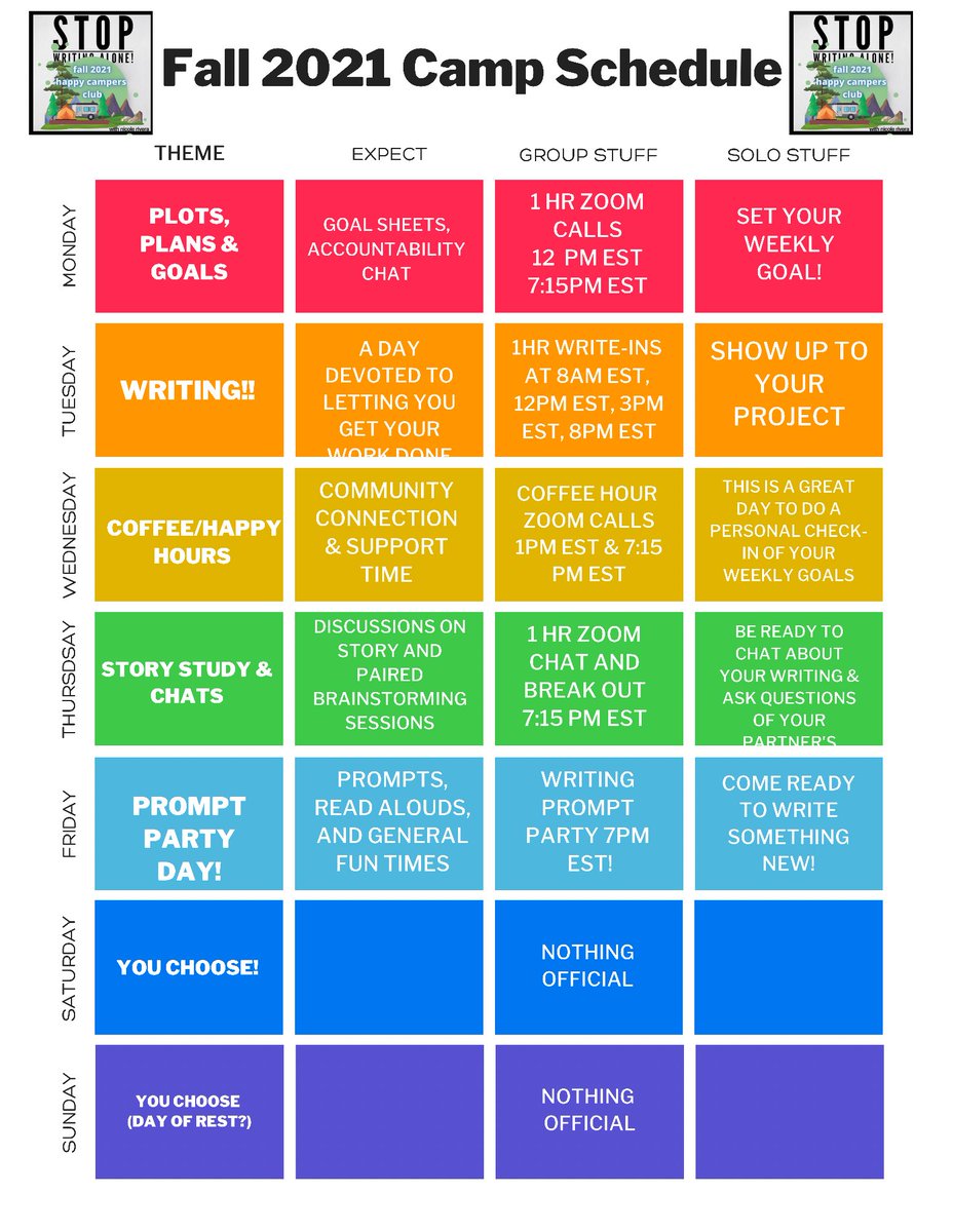 NV_Rivera's tweet image. ICYMI: Here’s the #StopWritingAlone Happy Campers Club Fall 2021 schedule for October and November. It’s live #writingcommunity with an open “Zoom Room” for anytime #writeins with the group