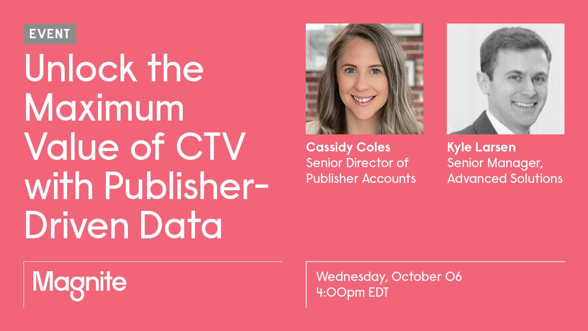 magnite's tweet photo. Virtual Event: Join us on October 6 as we take a deep dive into ways publishers can use their data to make their CTV supply addressable to advertisers. Register here: https://t.co/l62mTDbFxy https://t.co/ZuyU2QYcnI