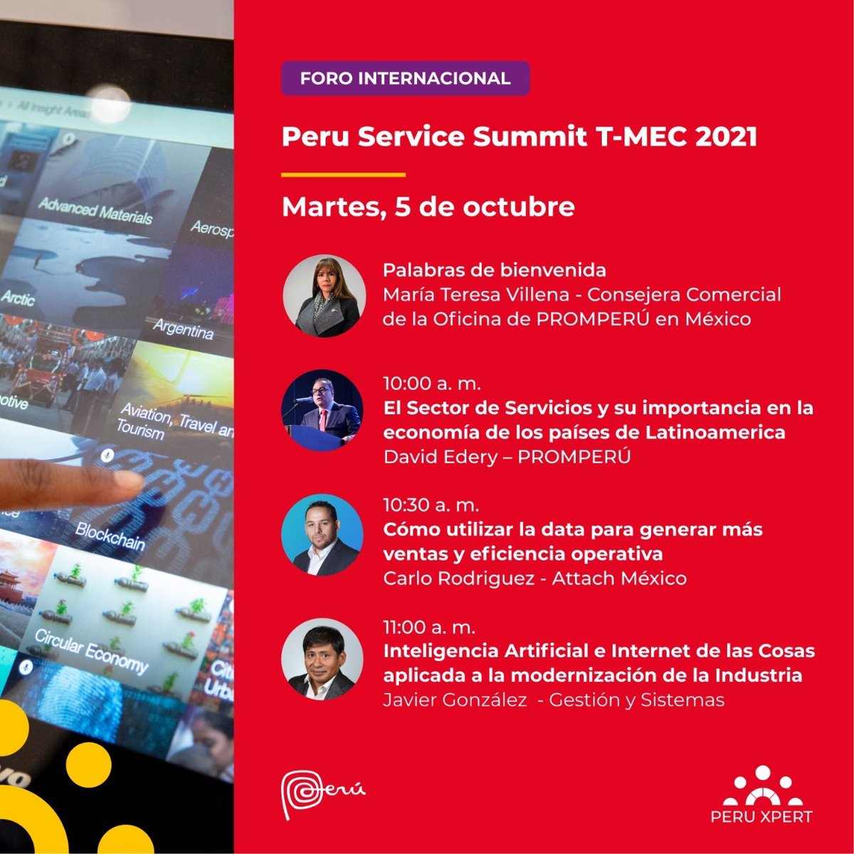 Participa en el Foro Internacional PERU SERVICE SUMMIT T-MEC 2021, y conoce más sobre el comercio internacional de servicios, este 5 de octubre de 10:00 a 11:30 a.m. (MEX) #PeruXpert 🇵🇪
Inscripciones 👉🏻lnkd.in/dW_-x4PS