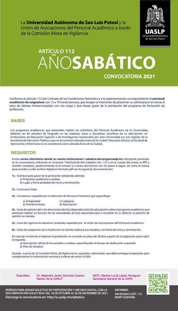 Atención DOCENTES UASLP
Se abre la Convocatoria para Descarga Académica y Año Sabático, el período para enviar solicitud es del 18 e octubre al 02 de noviembre.
Informes 4448330412 ext 112 con Mary Guevara
#UASLP  #AcademicaUASLP #FormacionDeProfesores #ServiciosAcademicos
