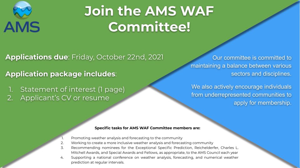 Come join our team! We are now accepting applications for one new member on the AMS WAF Committee. How: Submit a statement of interest and a CV to: 1️⃣ Dropbox (dropbox.com/request/ew7GXB…) -or- 2️⃣ AMS Community (community.ametsoc.org/volunteer-with…) All materials due by 10/22! #AMS2022 #AMS102