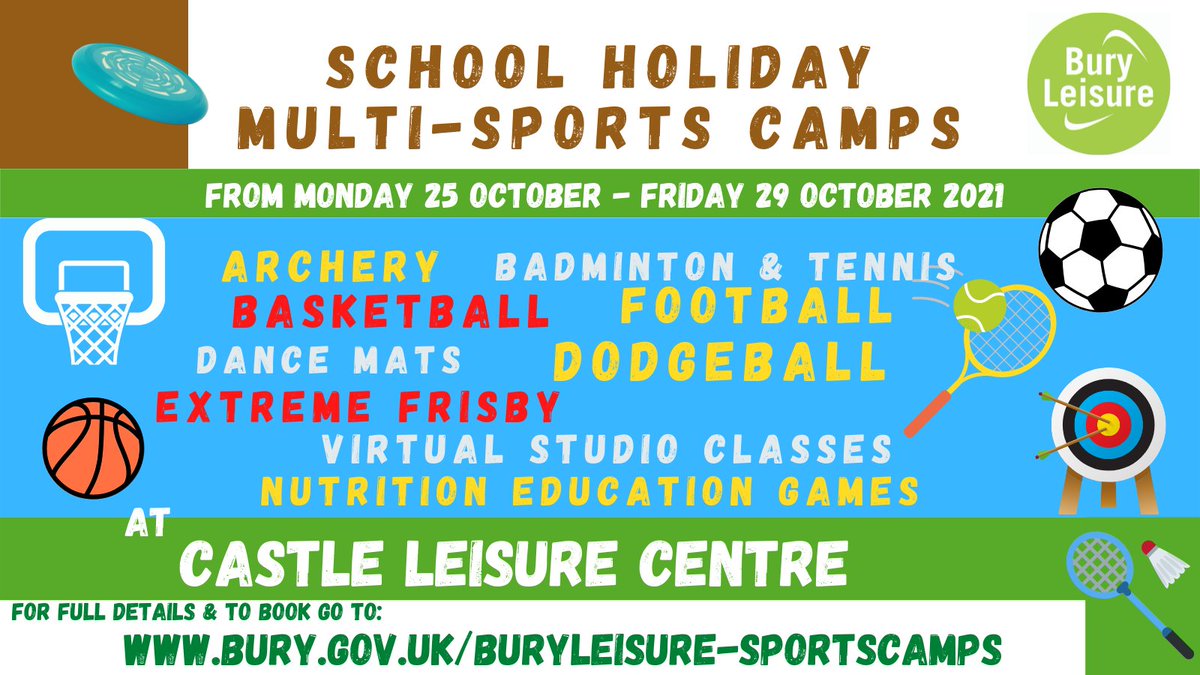 🏆School Holiday Multi-Sport Camps🏆

Kids develop skills &amp; have fun with a variety of sports &amp; activities.

Qualified coaches.
Ages 5-12 of all abilities.

📅Mon 25 Oct-Fri 29 Oct 2021
📍Castle Leisure Centre
Details &amp; book:
bury.gov.uk/buryleisure-sp…
#buryleisure #multisportscamps