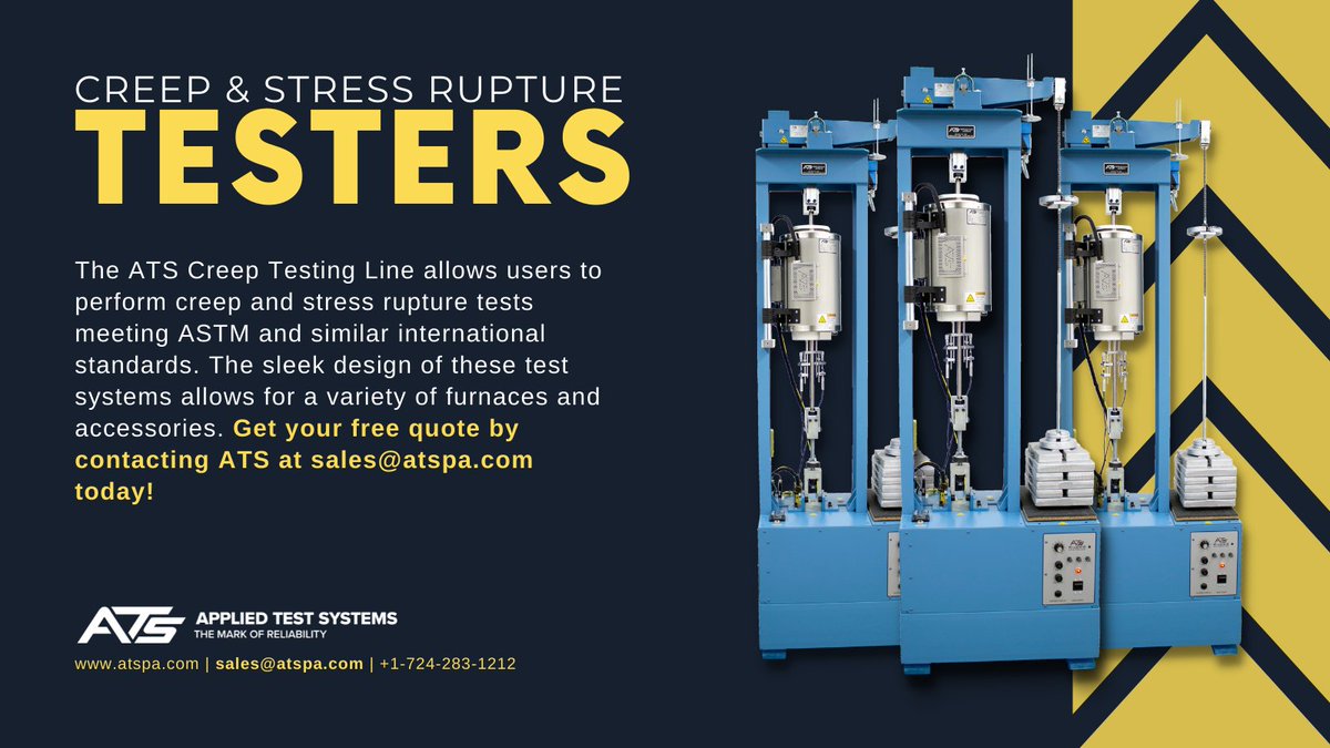 AppliedTest's tweet image. The ATS Creep Testing Line allows users to perform creep and stress rupture tests meeting ASTM and similar international standards. The sleek design of these test systems allows for a variety of furnaces and accessories. Get your free quote by emailing sales@atspa.com today!