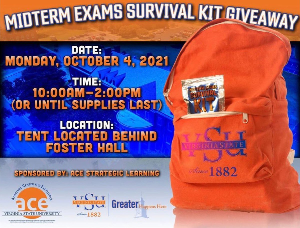 🗣Get ready for midterms with ACE!  Join us for snacks, giveaways and encouragement from staff today starting at 10am. #teamvsuacademics

#VSUACE