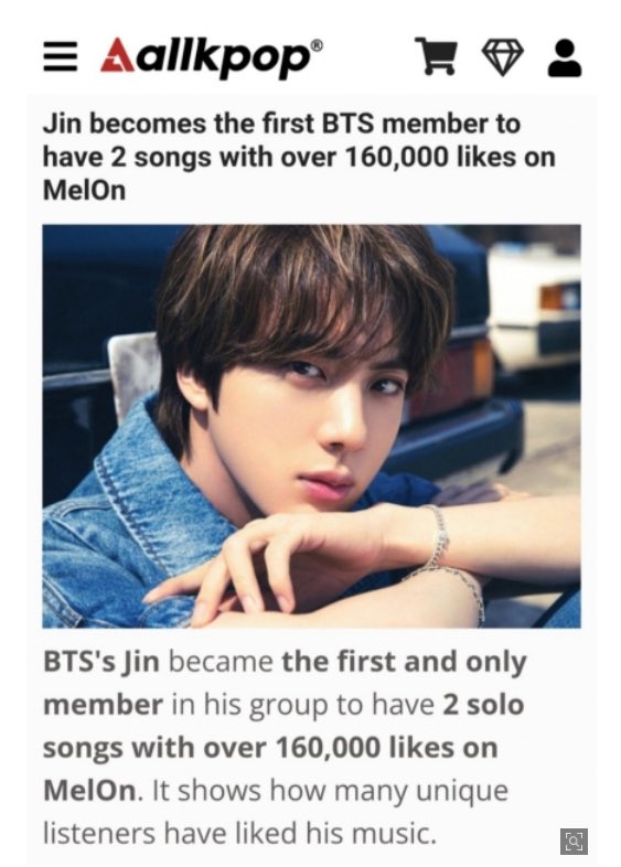 seokjinniebit's tweet photo. Seokjin is the 1st BTS member to have 2 songs with over 160K likes on MelOn

VERY MUCH DESERVED

KING OF MELON JIN
Congratulations Jin
#방탄소년단진 #BTSJIN @BTS_twt https://t.co/C98I6UuPgs