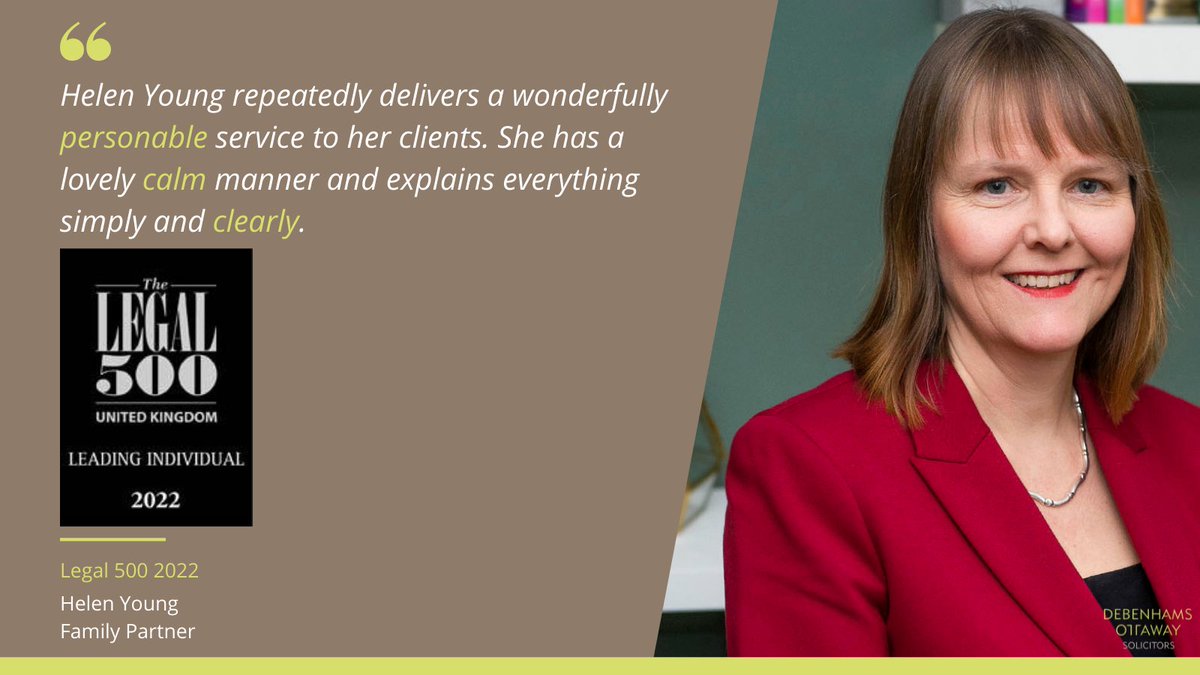Congratulations to our family partner Helen Young for retaining her 'Leading Individual' status in the #L500UK2022 rankings this year! Well done @hy_familylaw 👏🍾🎉 Here is why Helen is a Leading Individual👇#FamilyLaw #FamilyLawyers #Legal500