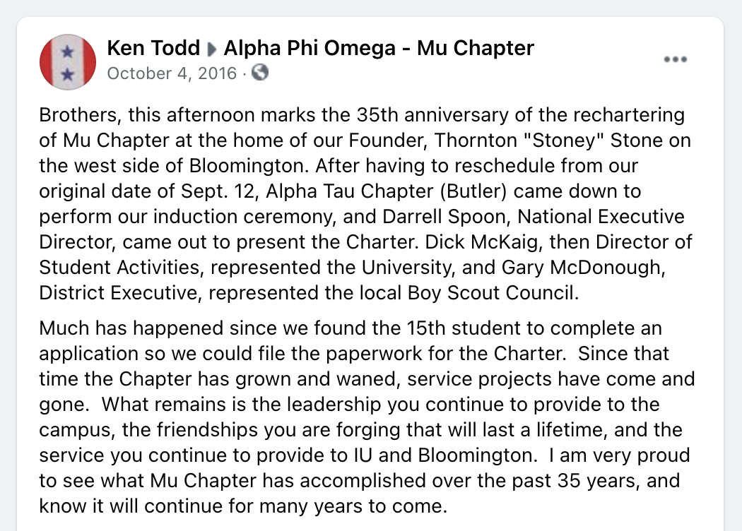 apo_iu's tweet photo. This week is a very special #MuMonday here in Bloomington. 40 years ago on this date our very own Mu Chapter was rechartered. In those 40 years Mu has had many highs and lows but some things have remained the same: the love for our brotherhood and our passion for service. https://t.co/1nkzzWKqYL
