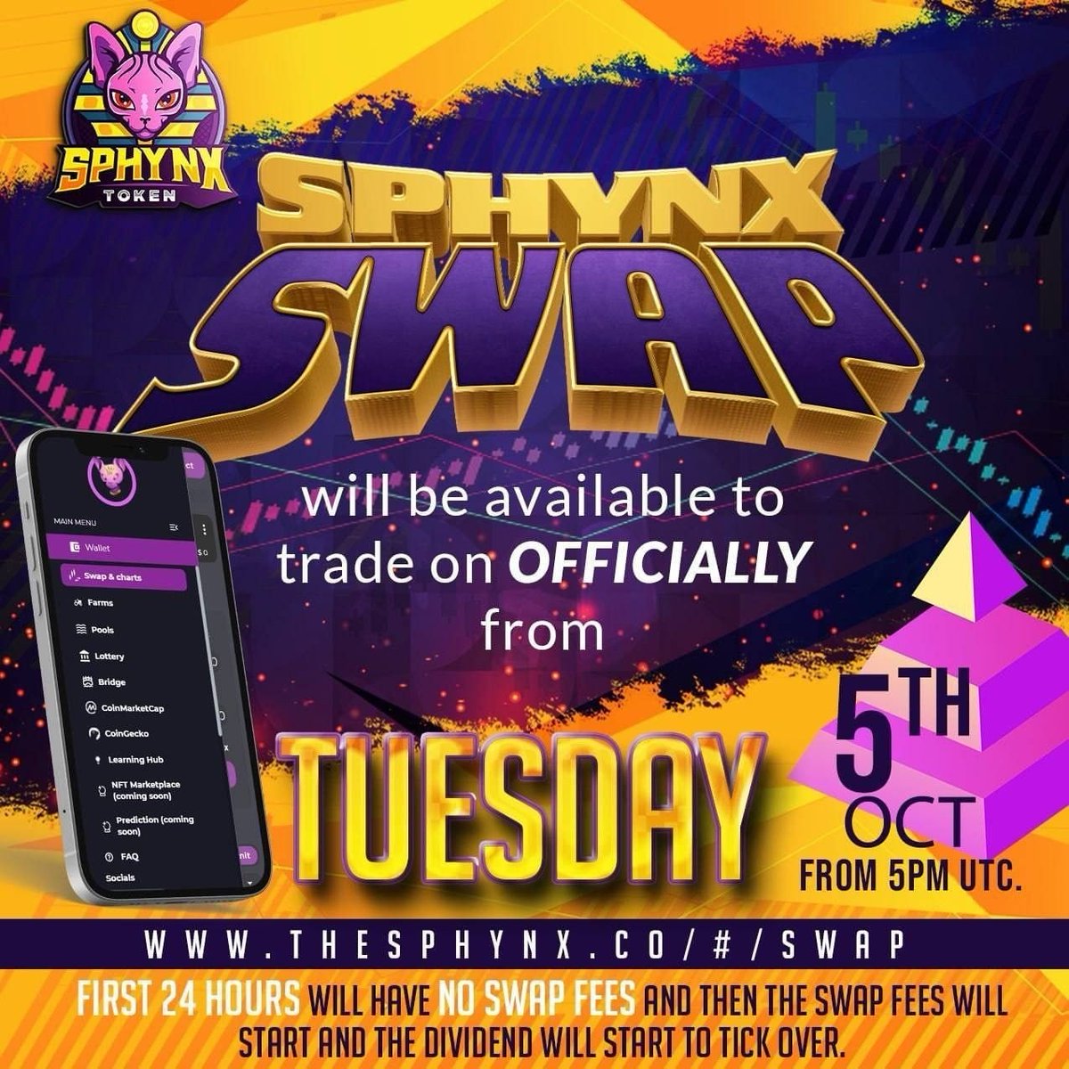 PlugAstro's tweet photo. Starting from 5pm UTC tomorrow (October 5th, 2021), you will be able to purchase $SPHYNX from @SphynxSwap's own liquidity on their all-in-one platform. Remember, there are no swap fees associated with buying or selling for the first 24 hours!

https://t.co/GO6Df83PZM

#SphynxArmy https://t.co/vY87Y9Tq0R
