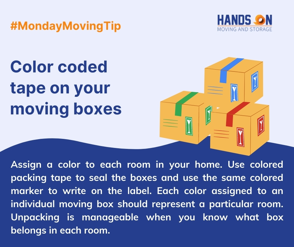 handsonmoving's tweet image. Use color-coded tape on your moving boxes to represent a particular room. This makes unpacking easier.
#MondayMovingTip #MovingBoxes #MovingTape #HandsOnMoving