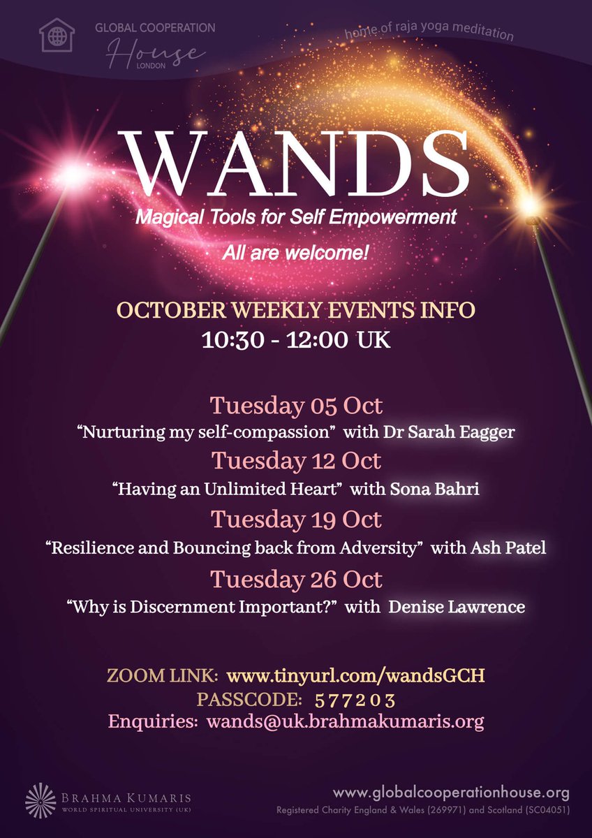 BKLondonGCH's tweet photo. WANDS: Weekly Talks with Magical Tools 4 Self Empowerment
Every Tuesday 10:30am-12:00pm UK
Zoom link: https://t.co/vvsfiZ66MD
Meeting ID: 87434535156 | Passcode: 577203
Join weekly talk & discussion by experienced #RajaYoga teachers, to support daily #lifestyle.
#FreeEvent https://t.co/R8GmxTHFVE