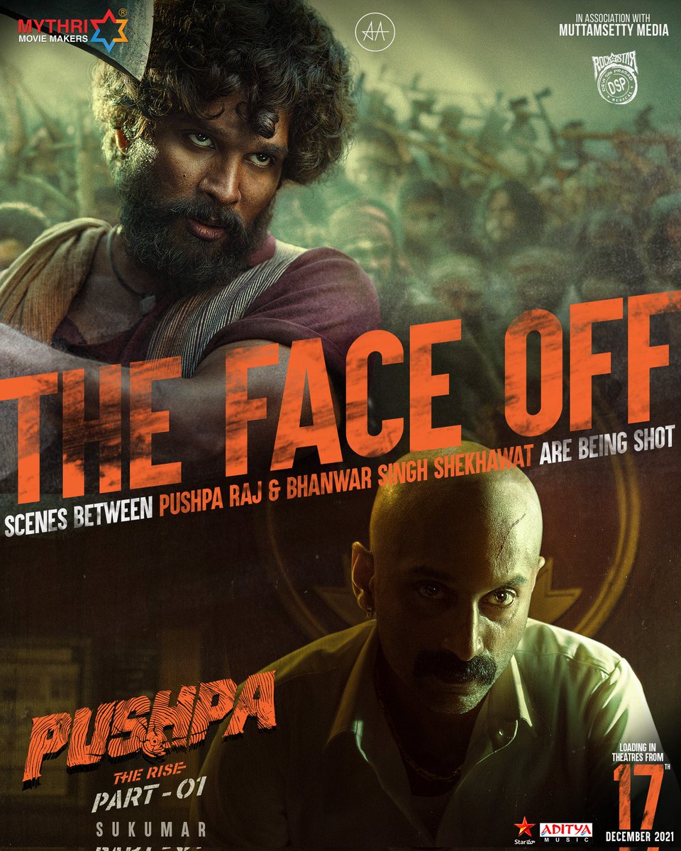 f_offl's tweet photo. Gripping scenes between @alluarjun &amp; #FahadhFaasil are being shot 🔥

Witness the ultimate Face-Off between #PushpaRaj &amp; #BhanwarSinghShekhawat on Big Screens From 17th DEC 2021.

#PushpaTheRise 
#ThaggedheLe 🤙

@iamRashmika @aryasukku @ThisIsDSP @adityamusic @MythriOfficial https://t.co/AstG04gNgh