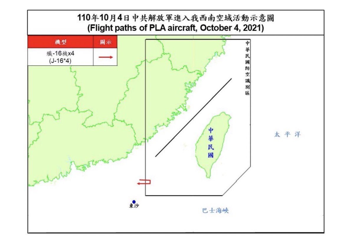 MoNDefense's tweet photo. 4 PLA J-16 entered #Taiwan’s southwest ADIZ on the night of October 4, 2021. Please check our official website for more information: https://t.co/sJ286rQZbw https://t.co/DpijlcLUda