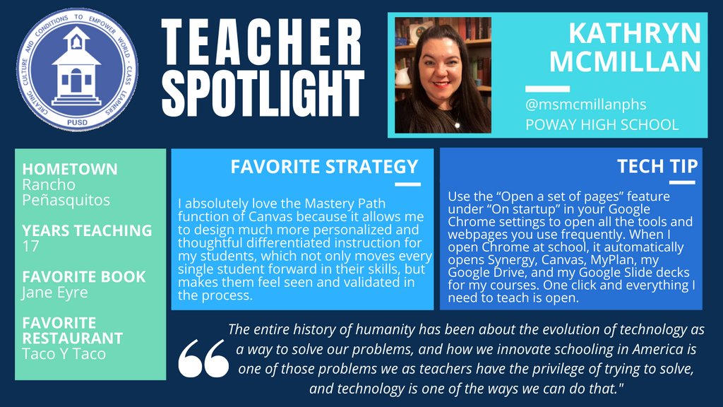 👋 Meet our first #teacherspotlight of the year, Kathryn "Katie" McMillan @msmcmillanphs from <a href="/PowayHighTitans/">Poway High School</a>. Katie is a <a href="/PowayUnified/">Poway Unified</a> English teacher using @CanvasLMS Mastery Paths in innovative ways to customize learning for her students 👏🏻👏🏻 Read more below ⤵️ #PUSDinnovate