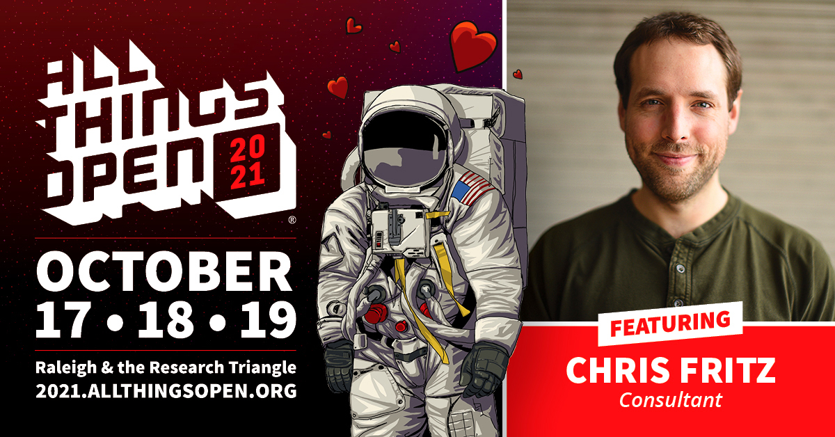 We're excited to have Chris Fritz - <a href="/chrisvfritz/">Chris Fritz</a>, Consultant, presenting 'Why testing is hard, estimating impossible, and we all feel like frauds sometimes'  #AllThingsOpen!  ed.gr/dn6os