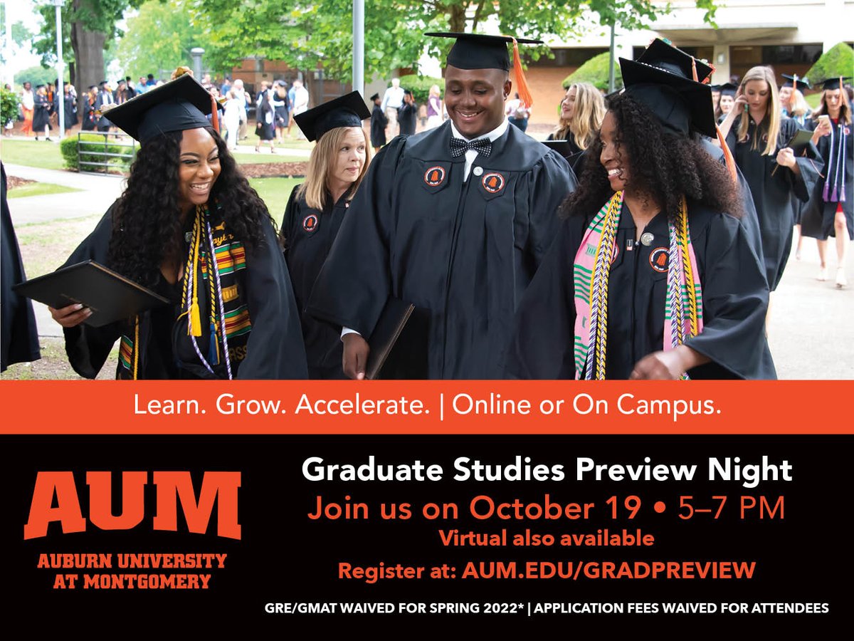 aumontgomery's tweet photo. Looking for a way to reinvent yourself in a new career or accelerate the trajectory of your current one?

We can help.

Register for our Graduate Studies Preview Night: https://t.co/D3Xdl3f7nL

#WarhawkNation #ChooseAUM #AUMbound #mastersdegrees #montgomeryal #mymgm https://t.co/1umKOWeTAw