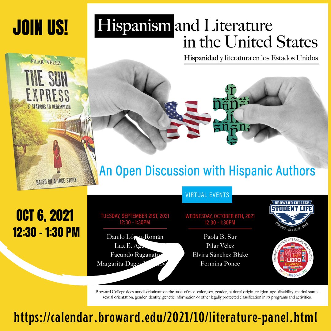 pilarvelezza's tweet photo. The Sun Express: 27 Stations to Redemption (El Expreso del Sol de Pilar Vélez) presente en el 2do Panel sobre HISPANISM AND LITERATURE IN THE UNITED STATES organizado por el Broward College Student Life. Evento transmitido desde:
https://t.co/jcJxBKubQE https://t.co/qyVJrQOib5