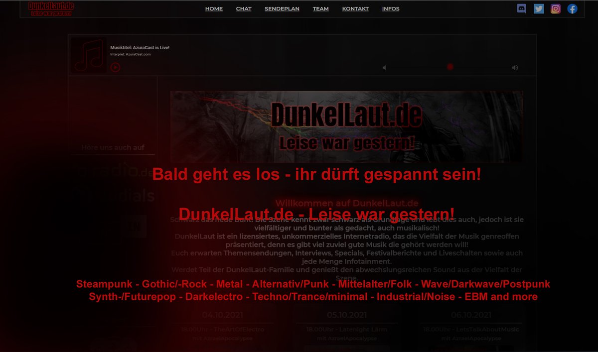 AzraelApocalyp1's tweet photo. DunkelLaut - https://t.co/o0H1gugZqm - Mitte Oktober ON AIR - Leise war gestern!
#darkelectro #steampunk #gothic #metal #minimal #techno #radio #ebm #rock #folk #mittelalter #industrial #noise #alternative #punk https://t.co/VBW3zJ0s5i